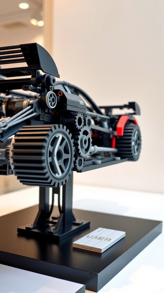 A detailed LEGO Technic car model showcasing its gears and sporty design.