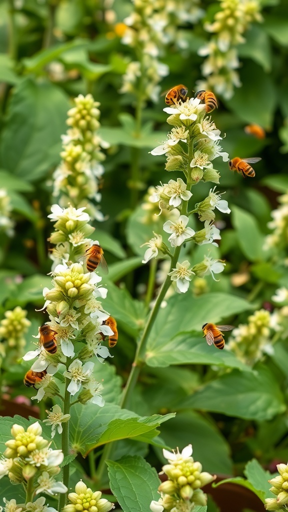 Bees pollinating lemon balm flowers in a green garden.