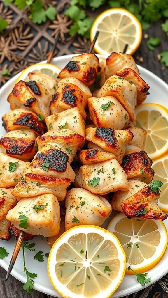 A plate of grilled lemon herb chicken skewers garnished with parsley and served with lemon slices.