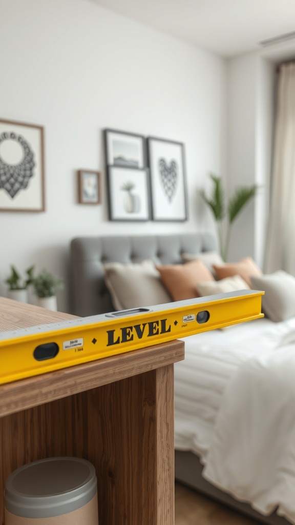 A yellow level tool placed on a wooden shelf in a cozy bedroom setting.