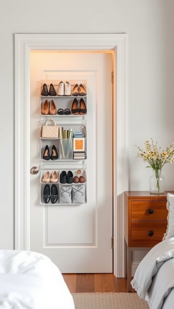 Over-the-door shoe organizer filled with various shoes and accessories