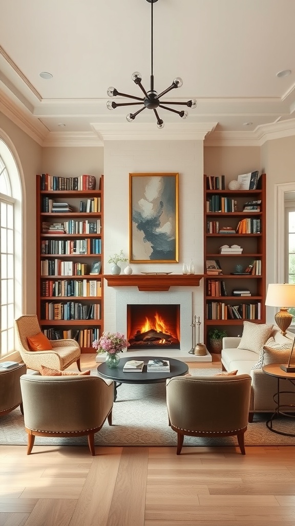 Cozy library with a fireplace, wooden bookshelves, and comfortable seating.