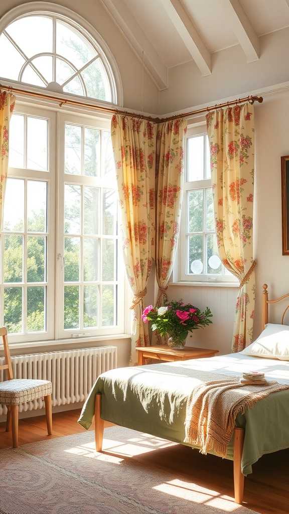 A bright cottage bedroom with large windows, floral curtains, and a cozy bed