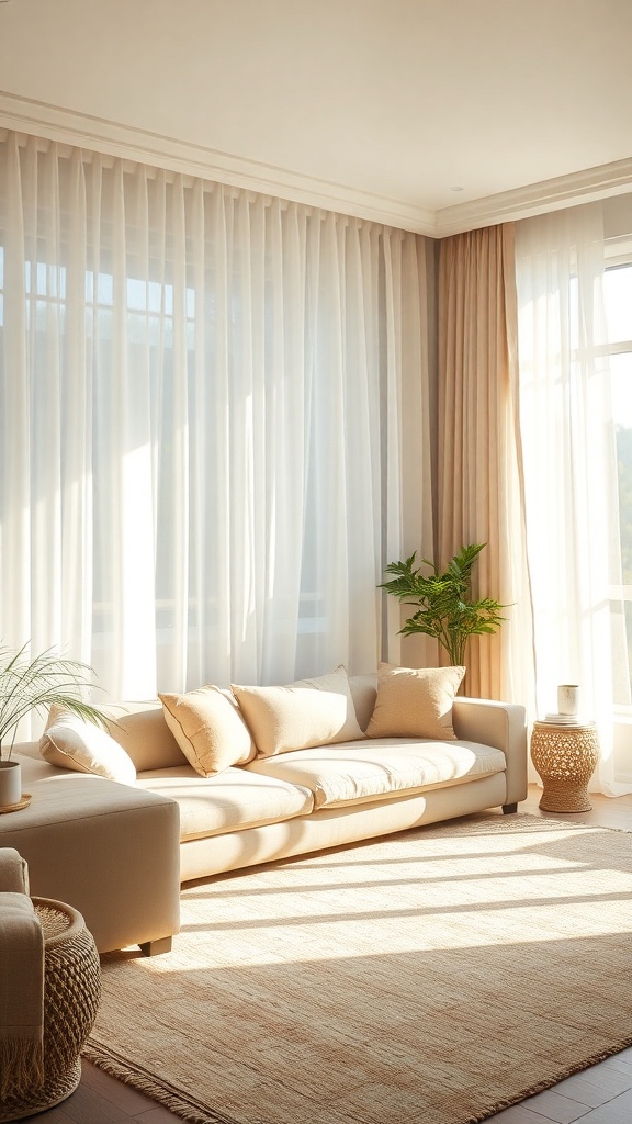 A bright living room with light-filtering sheer curtains, a beige sofa, and a plant.