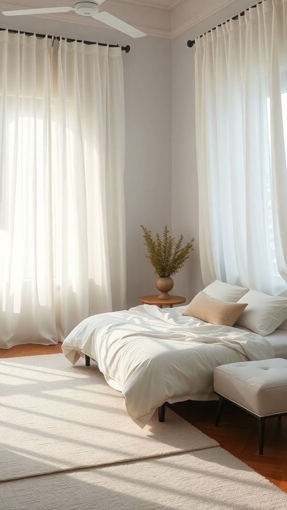 A cozy bedroom featuring light-filtering sheer curtains, a bed with white bedding, and a small side table with a plant.