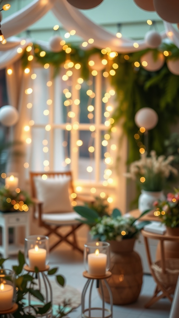 Cozy baby shower decorations with string lights, candles, and plants.