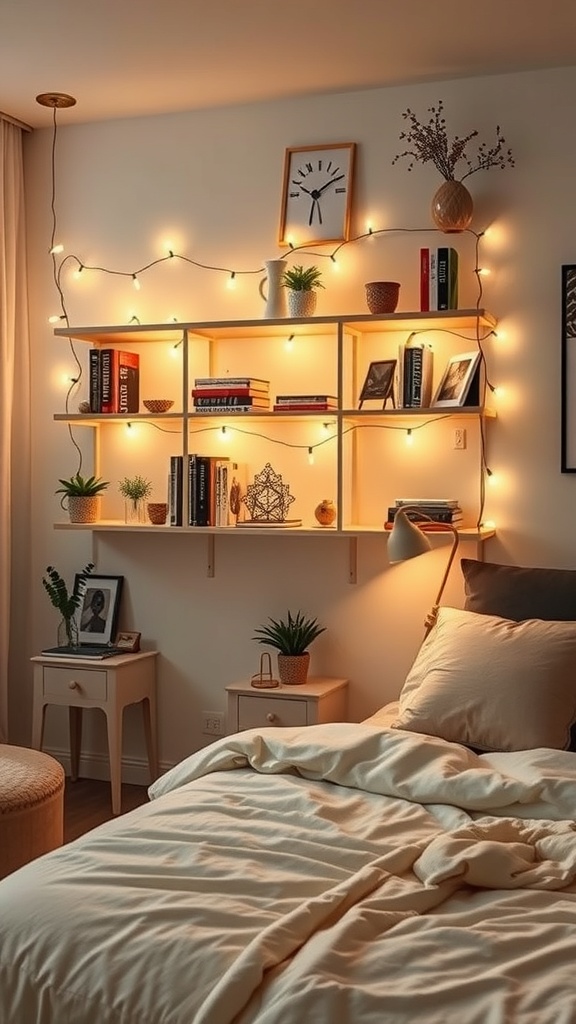 A cozy bedroom featuring light-up shelves adorned with fairy lights, books, and plants.