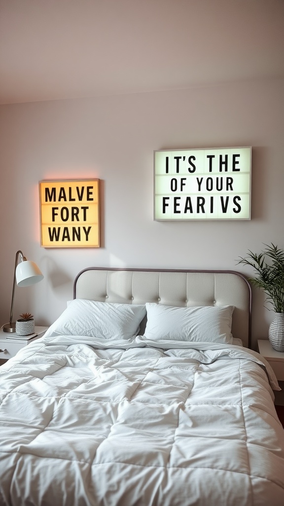 A teenage boy's bedroom featuring light-up signage with playful messages on the wall, a neatly made bed, and a modern lamp.