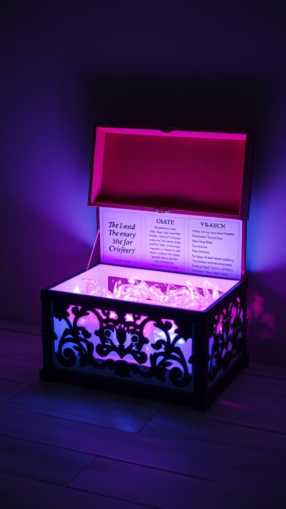 A decorative light-up box with colored lights and an open lid, ready for a surprise reveal.