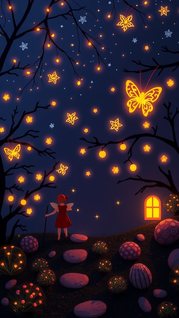 A whimsical scene featuring glowing butterflies, stars, and lanterns with a fairy girl, creating a magical atmosphere.