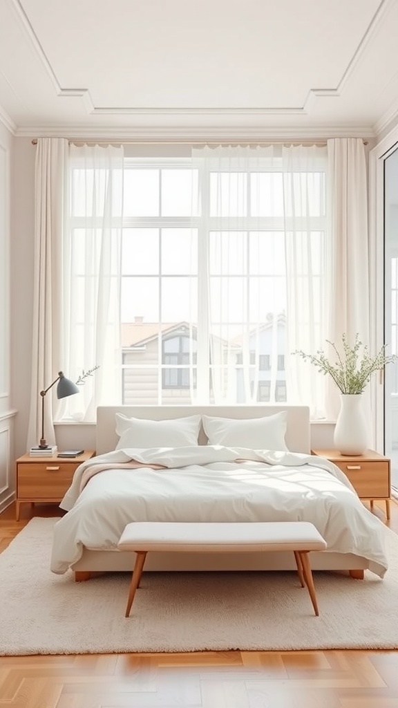 A bright and airy bedroom featuring large windows, light-colored walls, and soft bedding.