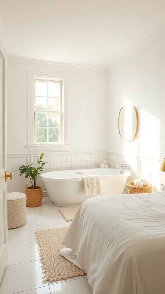 A light and airy French country bathroom with a white bathtub, natural light, and a touch of greenery.