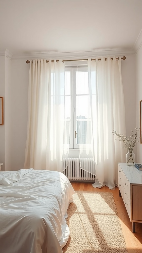 A bright bedroom with light, airy curtains framing a window, showcasing a neutral color palette.