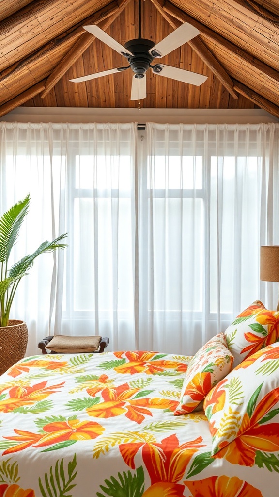 A tropical-themed bedroom with light curtains, vibrant floral bedding, and a wooden ceiling.