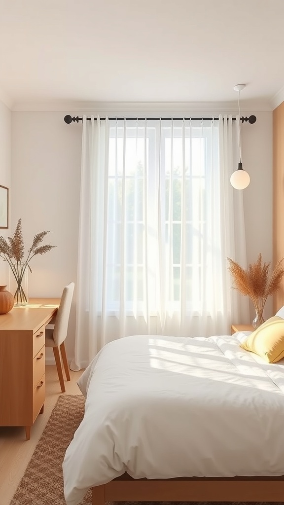 Bright kitchen with sheer curtains, light wood furniture, and plants.