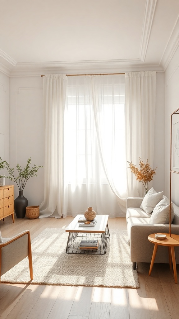 A bright living room with sheer drapes, wooden furniture, and natural light.