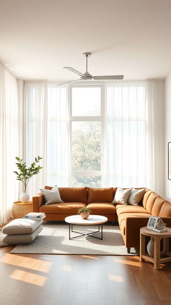 A bright living room featuring a brown sofa, large windows with sheer curtains, and a cozy atmosphere.