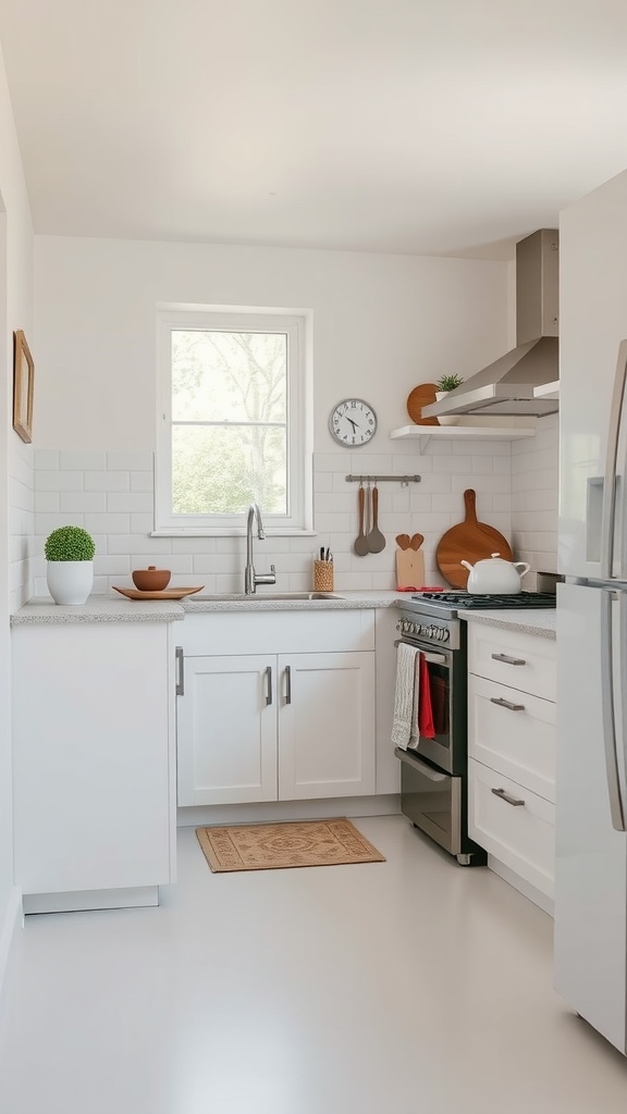 A small, light kitchen with white cabinetry, a window, and natural light.