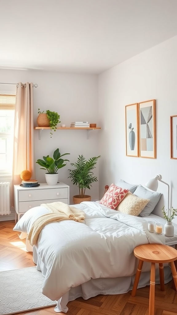 A cozy bedroom in a tiny apartment featuring light colors, plants, and simple decor.