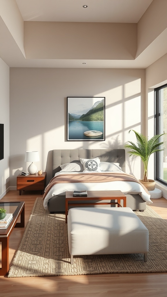 A bright bedroom with natural light highlighting the walls and furniture, showcasing the play of light and shadow.