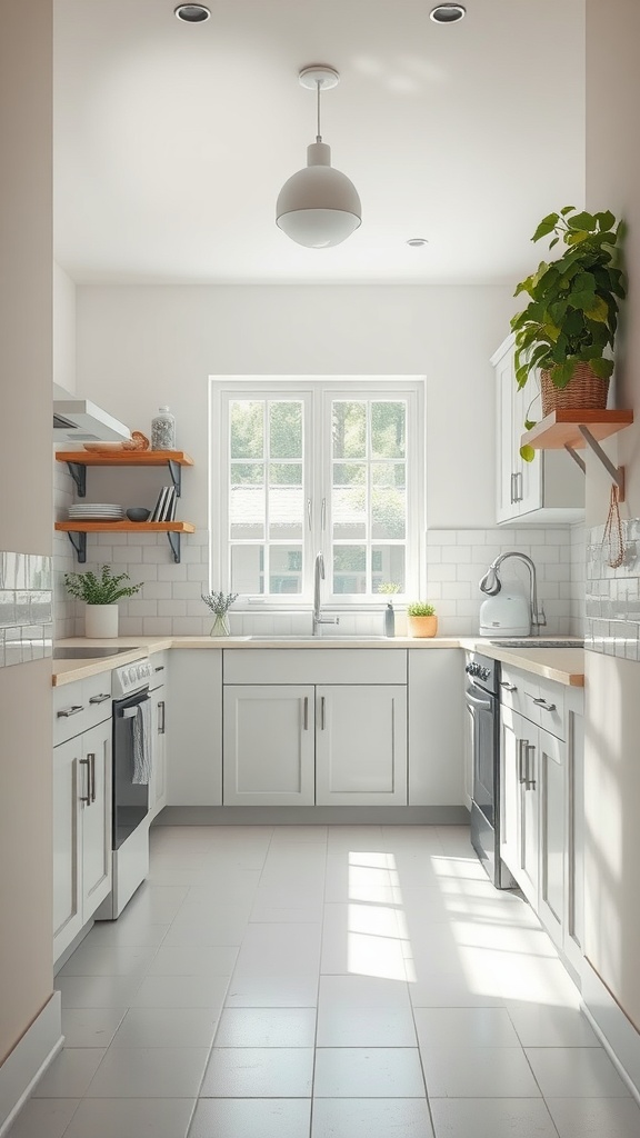 A small, light-colored kitchen with white cabinetry, light wood accents, and plants.