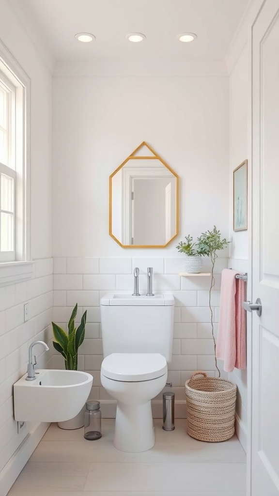 A small bathroom with light color palette featuring white walls, a geometric mirror, and a small plant.