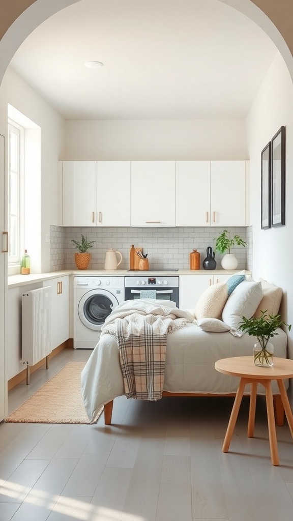 A small kitchen with light color palettes, featuring white cabinetry, light wood flooring, and plants.