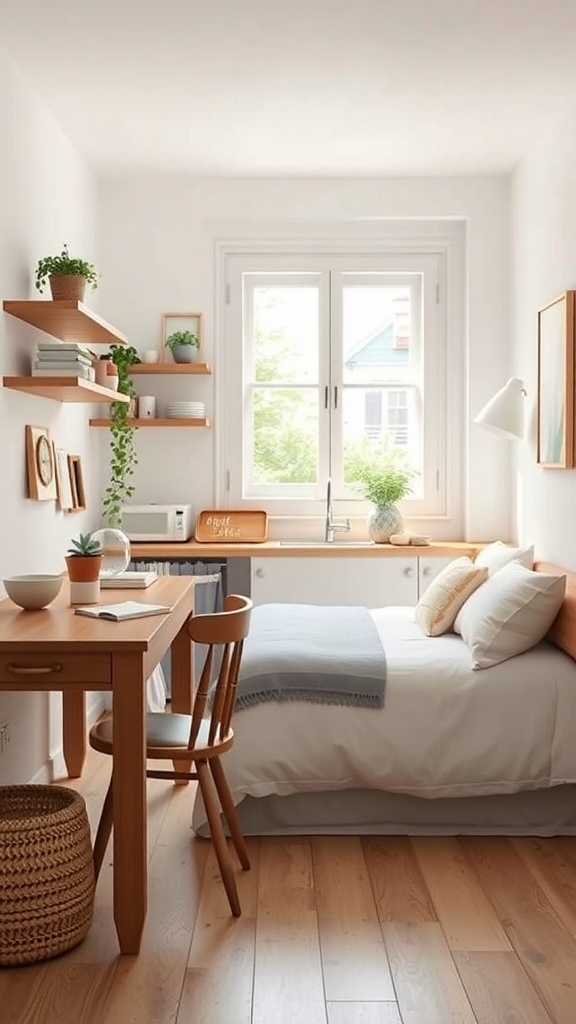 A tiny kitchen with light color palettes, featuring a wooden table, shelves with plants, and a bright window.