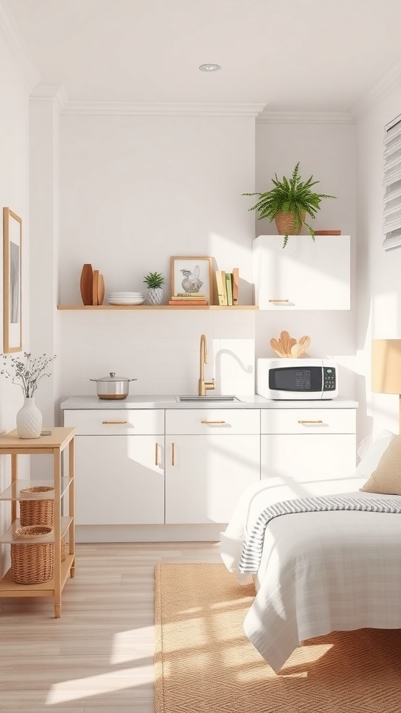 A bright mini kitchen with white cabinets, wooden accents, and plants, showcasing a light color palette.