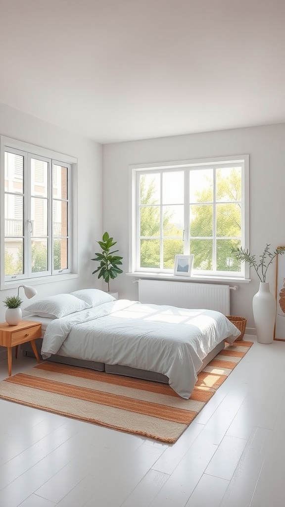 A small bedroom featuring a king bed, light color palette, large windows, and minimal decor.