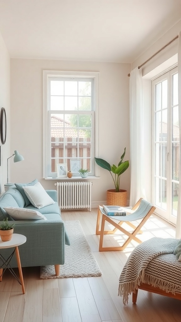 A tiny living room featuring a light blue sofa, white walls, and natural light from large windows.