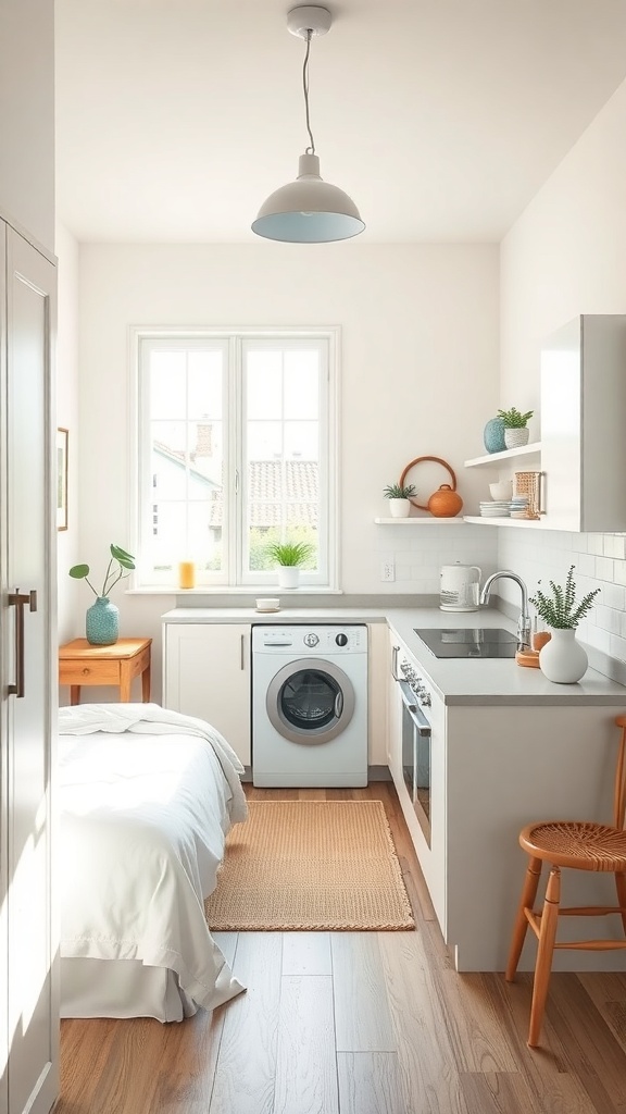 A small, bright kitchen with light colors, a window, and plants