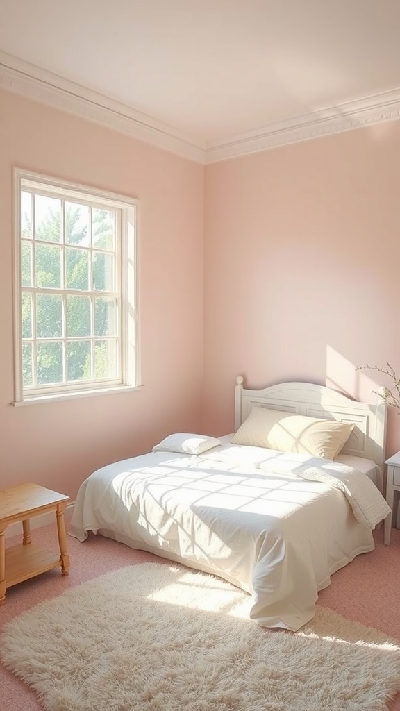 A light-colored box room bedroom with soft pink walls, a white bed, and a large window allowing natural light.