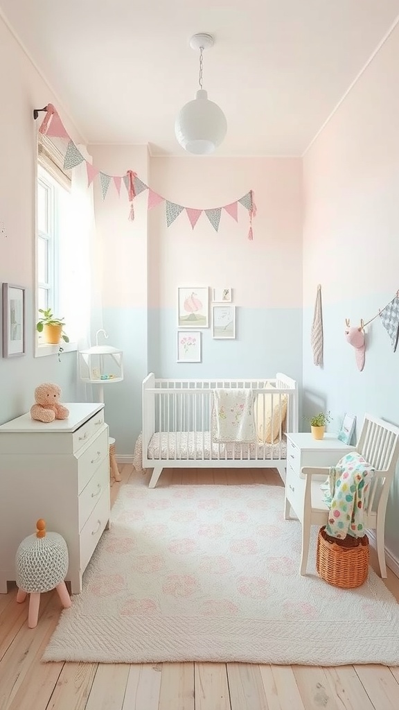 A light-colored nursery with pink and blue walls, a crib, and playful decor.