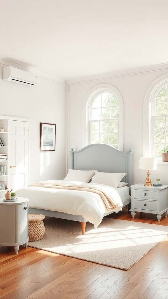 A small bedroom featuring a king bed with light blue accents and white bedding, large windows, and warm wooden flooring.