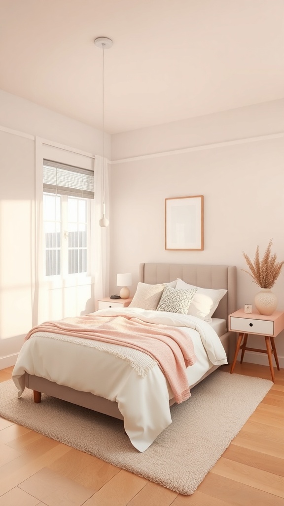 A small bedroom with light color palette, featuring a bed with soft bedding, light walls, and natural light from a window.