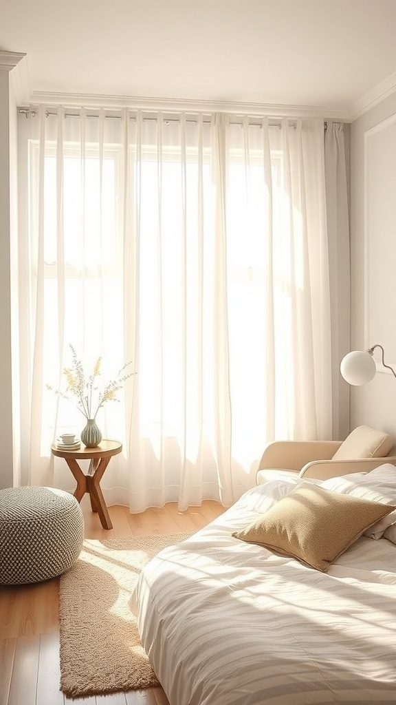 A cozy bedroom with light filtering sheer curtains allowing soft sunlight to enter, creating a warm atmosphere.
