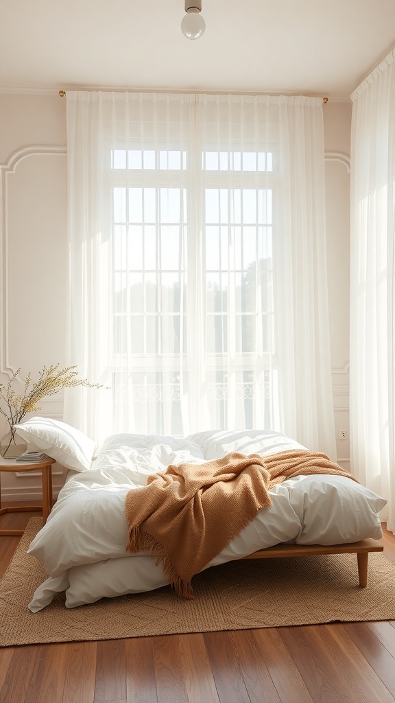 A bright bedroom featuring light filtering sheer curtains, a cozy bed with white bedding and a brown throw, and wooden flooring.