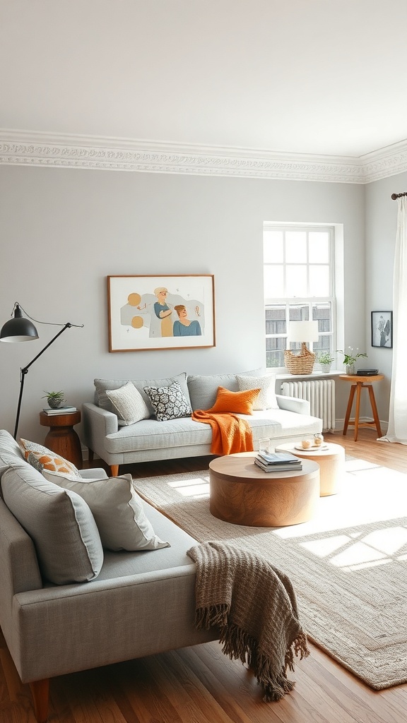 A cozy living room with light gray walls, modern furniture, and colorful accents.