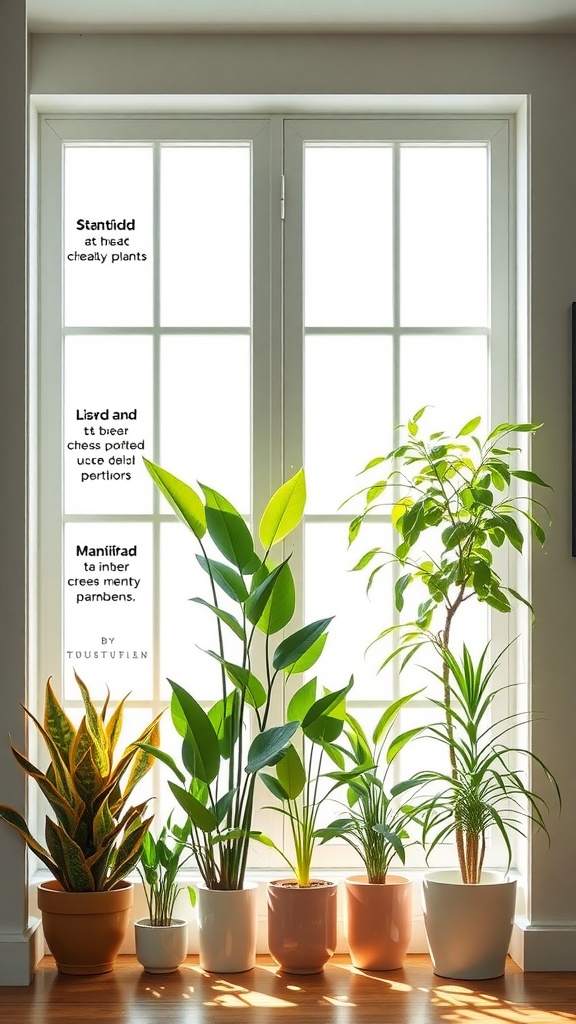 A collection of tall house plants by a window, showcasing their vibrant green leaves and various pot styles.