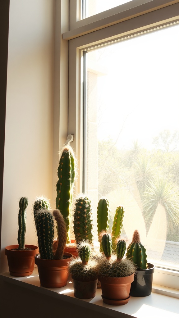 Several cacti in pots positioned near a bright window, soaking in sunlight.