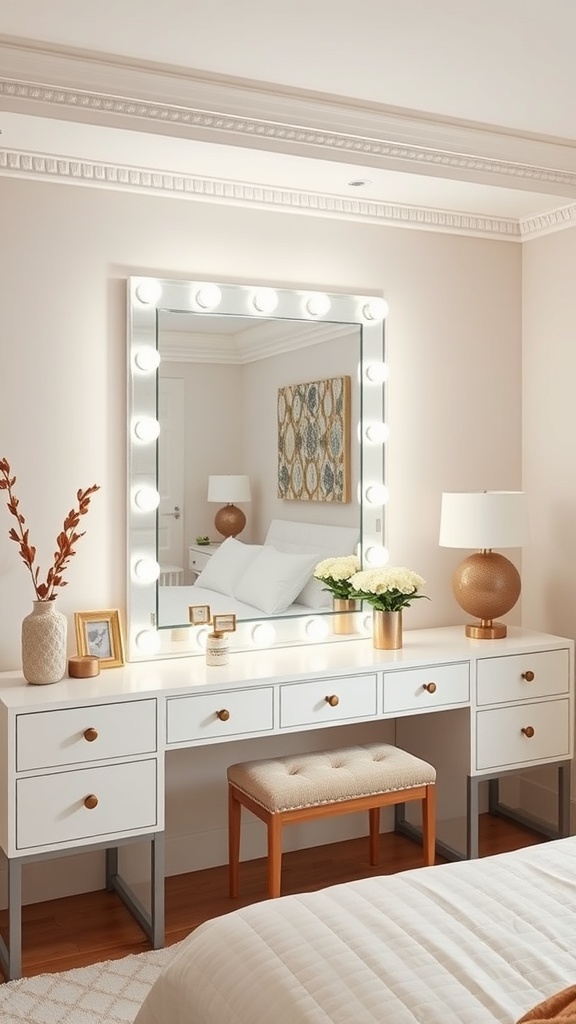 A stylish bedroom vanity with a large lighted mirror, white furniture, and decorative elements.