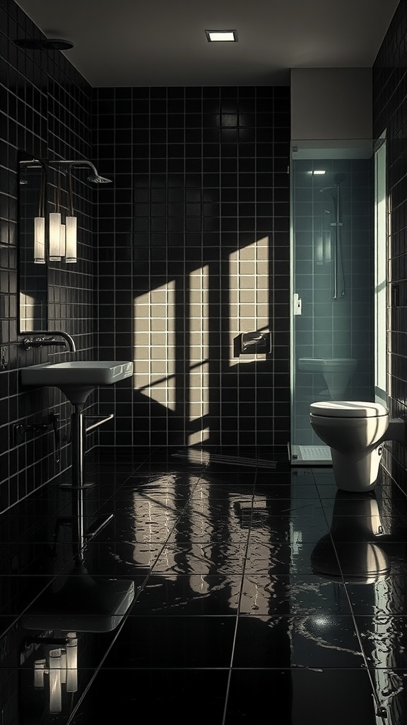 Modern bathroom with black tile floor, showcasing lighting effects