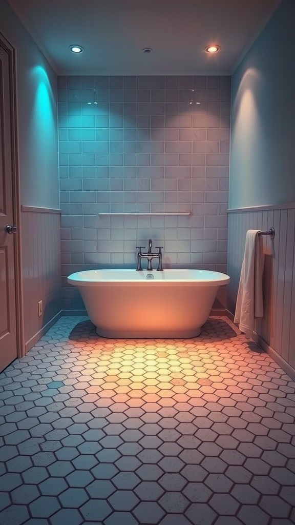 Bathroom with hexagon tiled floor illuminated by colorful lights