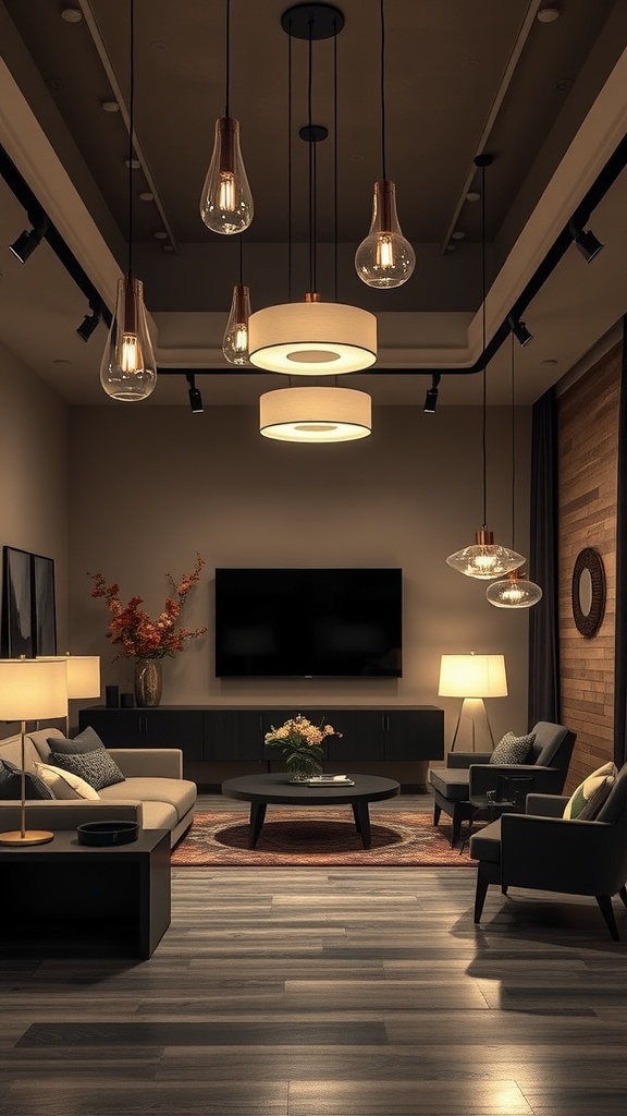 A modern living room with various lighting fixtures creating an atmospheric division.