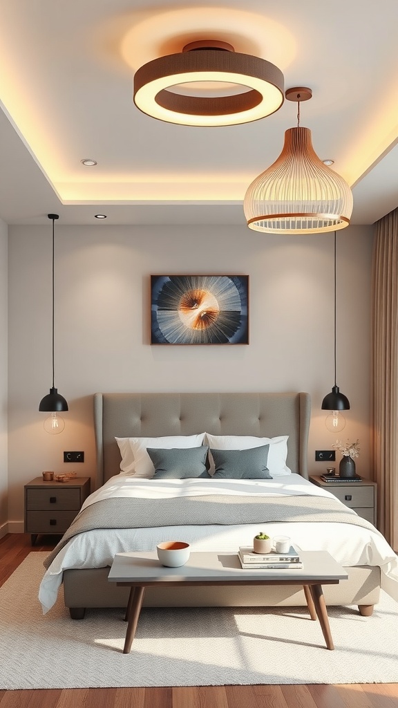 Stylish bedroom with artistic lighting fixtures