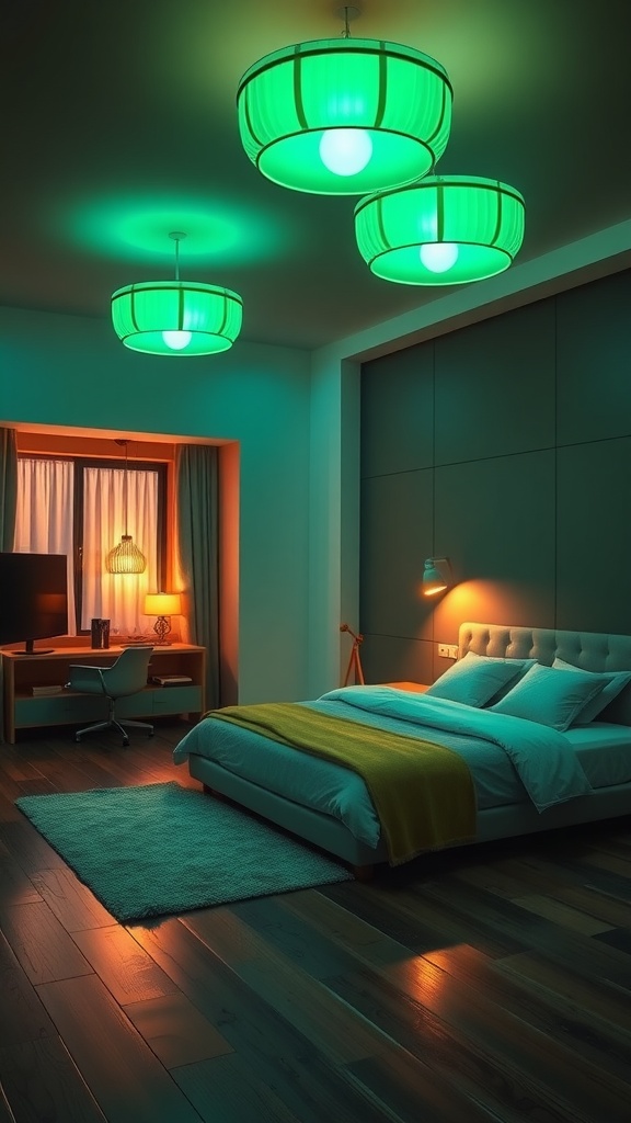 A stylish bedroom featuring emerald green pendant lights, warm wooden flooring, and a cozy bed setup.