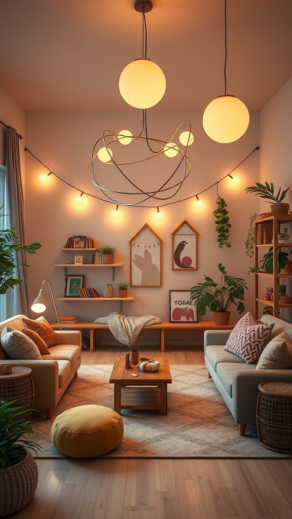 A cozy living room and playroom combo featuring warm lighting, comfortable furniture, and decorative elements.