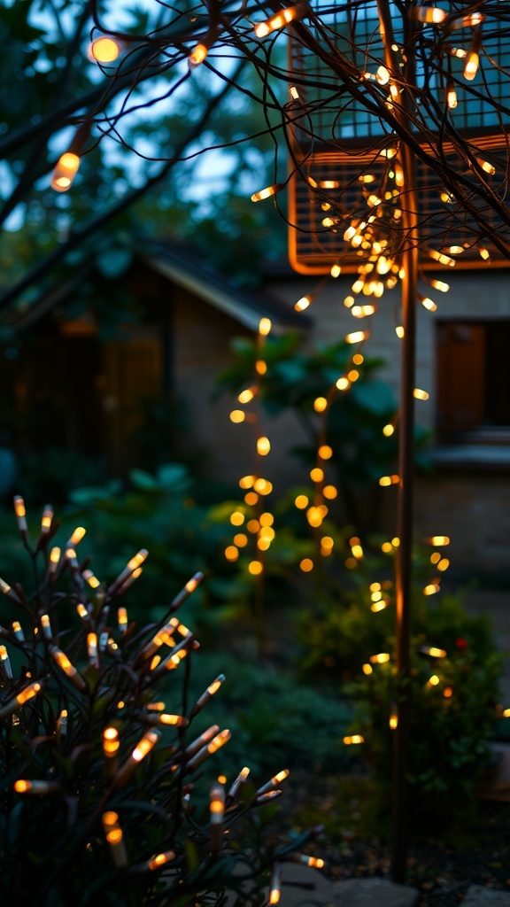 A cozy garden illuminated with warm string lights among lush greenery.