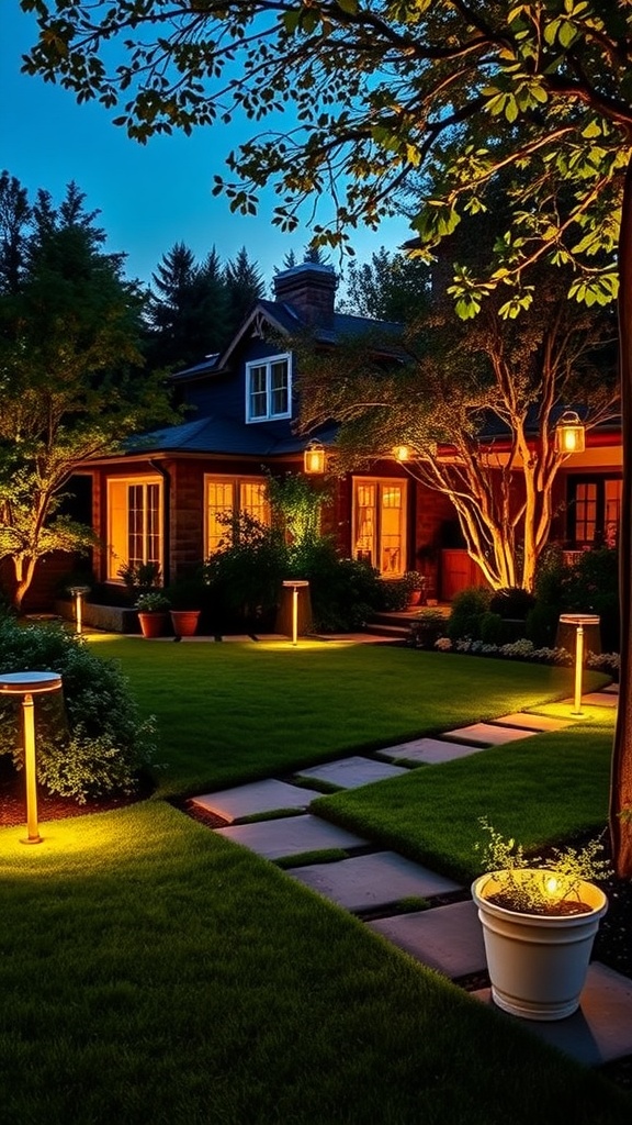 A beautifully lit backyard featuring turf grass, pathway lights, and warm ambiance in the evening.